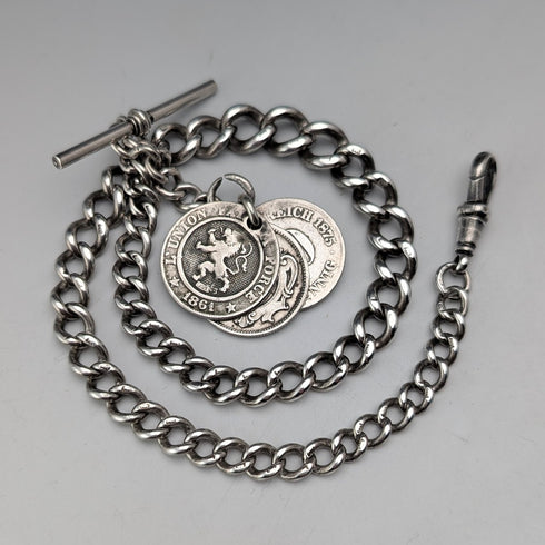 Circa 1900 British antique sterling silver Albert chain 48g silver coin fob
