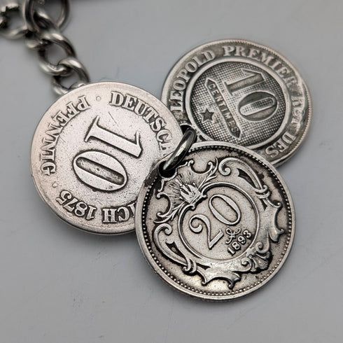 Circa 1900 British antique sterling silver Albert chain 48g silver coin fob