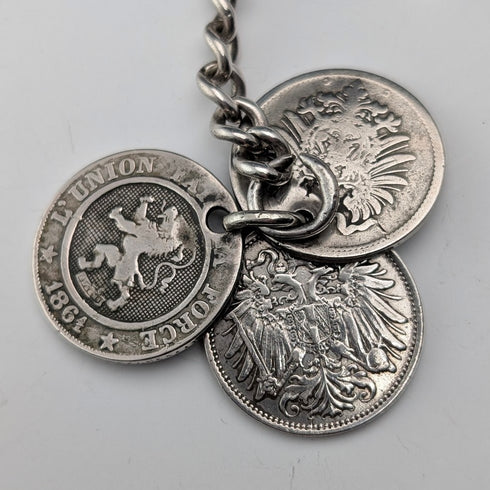 Circa 1900 British antique sterling silver Albert chain 48g silver coin fob