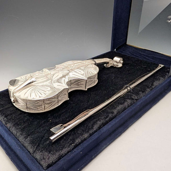 Vintage sterling silver filigree violin miniature in case
