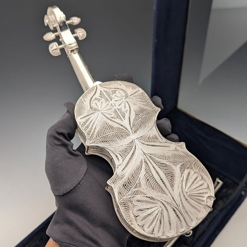 ヴィンテージ 純銀フィリグリー製 バイオリンミニチュア ケース入