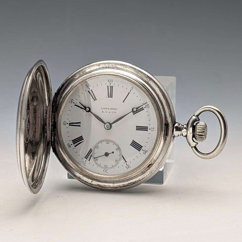 Circa 1908 Antique Longines Pocket Watch with Scroll Engraving, Silver Side Hunter Case, Good Working Condition