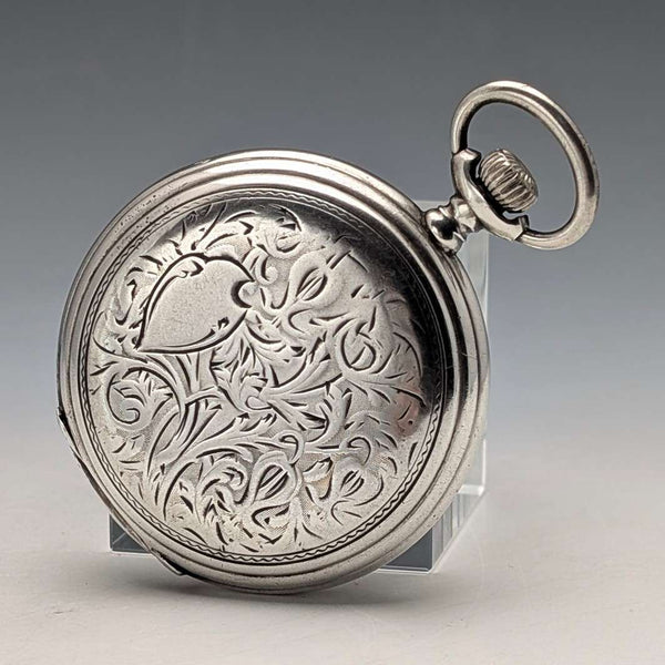 Circa 1908 Antique Longines Pocket Watch with Scroll Engraving, Silver Side Hunter Case, Good Working Condition