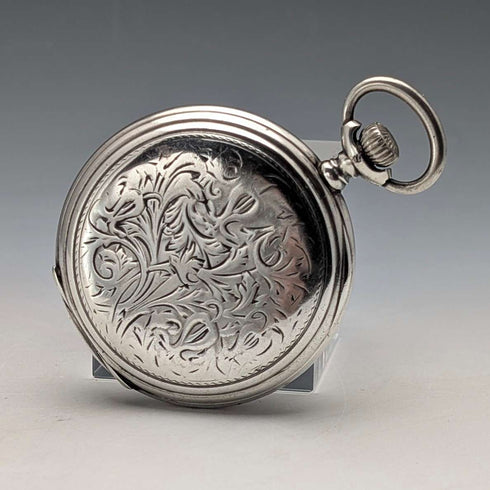 Circa 1908 Antique Longines Pocket Watch with Scroll Engraving, Silver Side Hunter Case, Good Working Condition