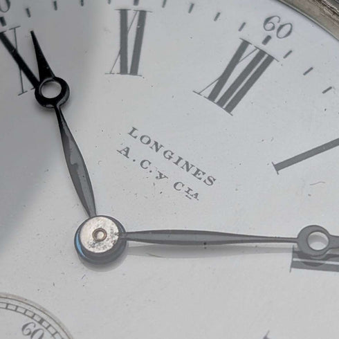 Circa 1908 Antique Longines Pocket Watch with Scroll Engraving, Silver Side Hunter Case, Good Working Condition