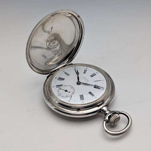 Circa 1908 Antique Longines Pocket Watch with Scroll Engraving, Silver Side Hunter Case, Good Working Condition