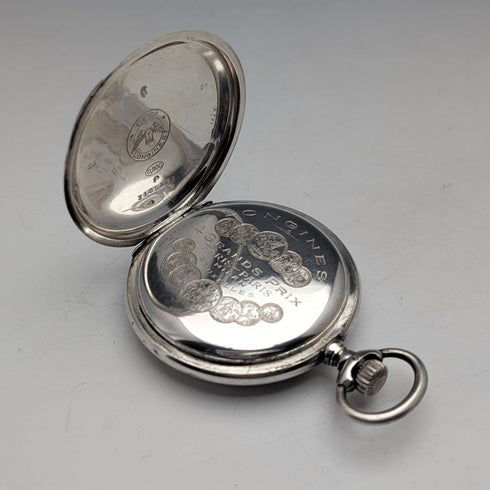 Circa 1908 Antique Longines Pocket Watch with Scroll Engraving, Silver Side Hunter Case, Good Working Condition