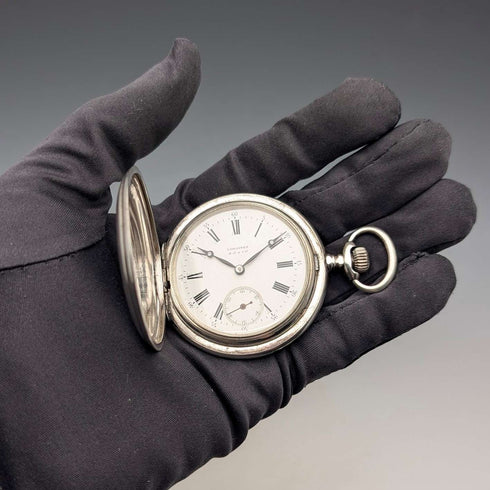 Circa 1908 Antique Longines Pocket Watch with Scroll Engraving, Silver Side Hunter Case, Good Working Condition