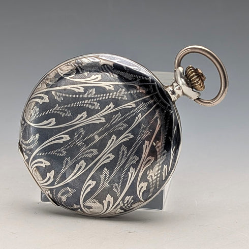 アンティーク スイス製 無銘 懐中時計 銀側ニエロ装飾 薄型ハンターケース 動作良好