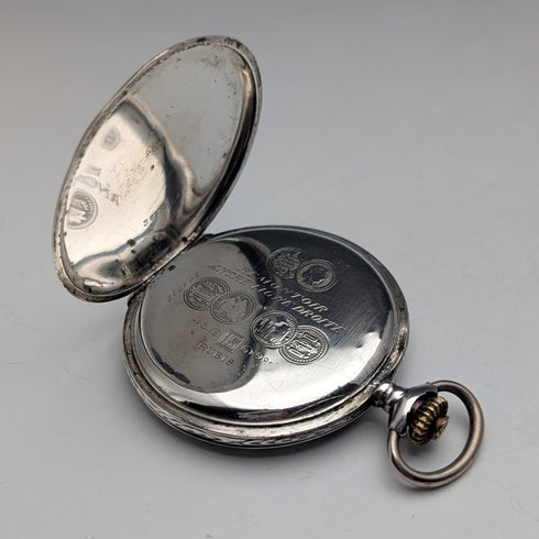 アンティーク スイス製 無銘 懐中時計 銀側ニエロ装飾 薄型ハンターケース 動作良好