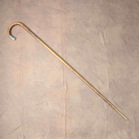 1920s British antique brown shaft, curved handle, sterling silver decoration, walking stick, 89cm