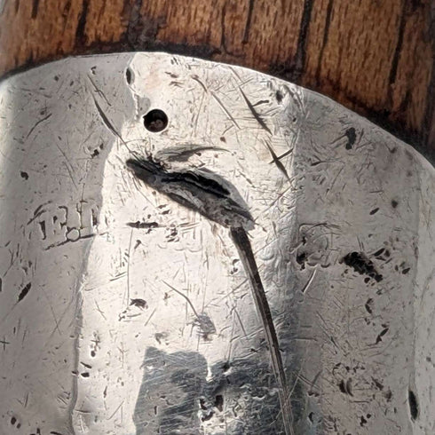 1920s British antique brown shaft, curved handle, sterling silver decoration, walking stick, 89cm
