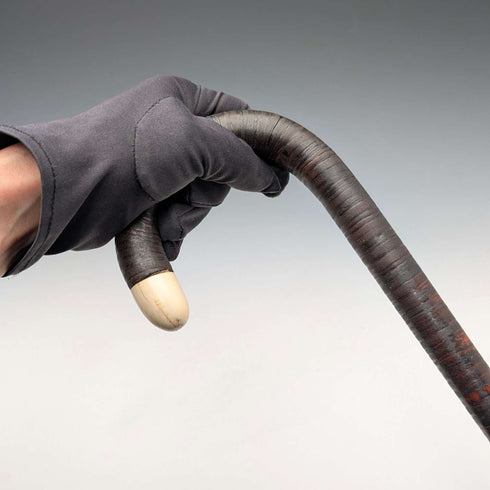 Antique British bone decorated curved handle leather wrapped iron shaft walking stick 89cm