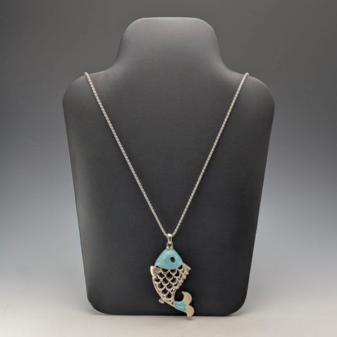 ヴィンテージ 純銀製 エナメル装飾 大型魚型ペンダント 純銀ネックレス付 計44g