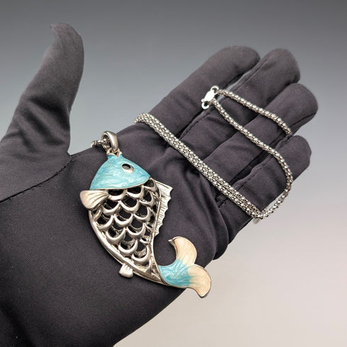 ヴィンテージ 純銀製 エナメル装飾 大型魚型ペンダント 純銀ネックレス付 計44g