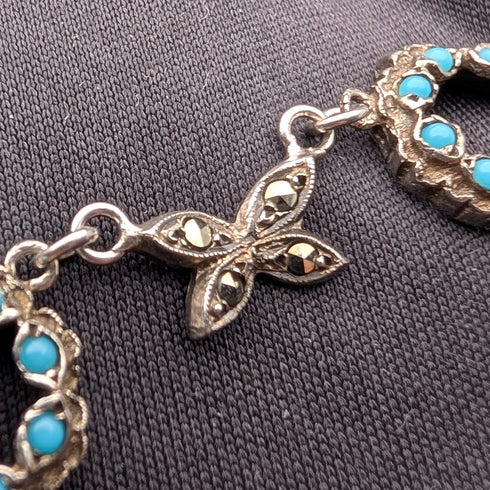 ヴィンテージ 純銀製 ターコイズガラス&マーカサイト装飾 ネックレス23g