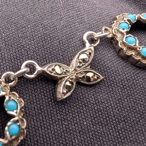 Vintage sterling silver turquoise glass and marcasite necklace 23g