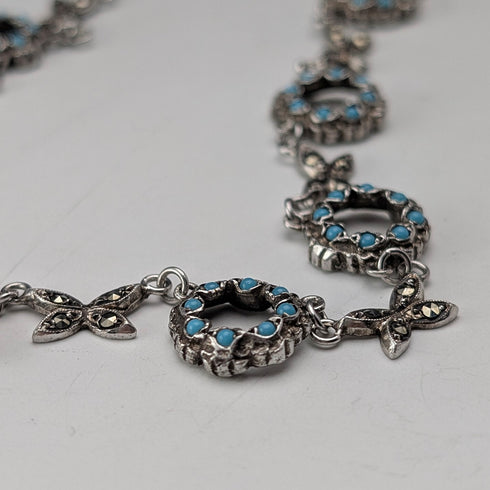 ヴィンテージ 純銀製 ターコイズガラス&マーカサイト装飾 ネックレス23g