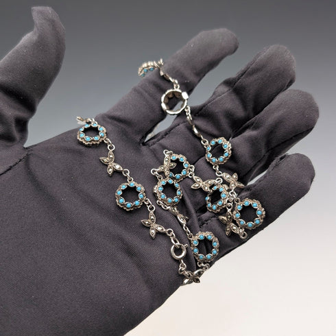 ヴィンテージ 純銀製 ターコイズガラス&マーカサイト装飾 ネックレス23g