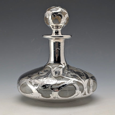 Antique American Art Nouveau Silver Overlay Glass Perfume Bottle