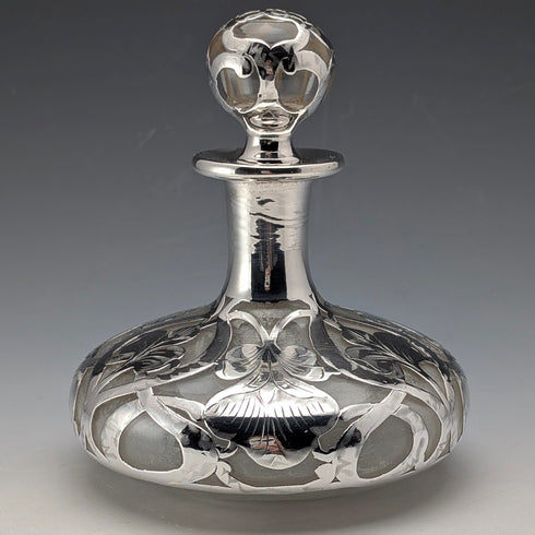 Antique American Art Nouveau Silver Overlay Glass Perfume Bottle