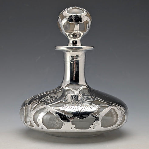 Antique American Art Nouveau Silver Overlay Glass Perfume Bottle