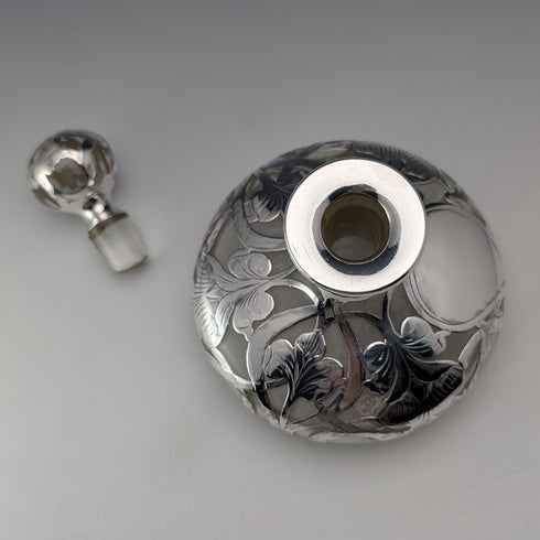 Antique American Art Nouveau Silver Overlay Glass Perfume Bottle