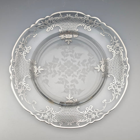 Antique American silver overlay floral decorated glass plate, 27cm diameter
