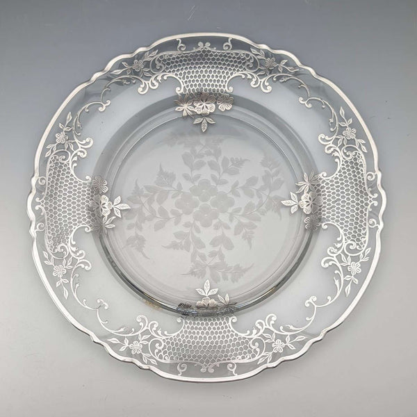 Antique American silver overlay floral decorated glass plate, 27cm diameter