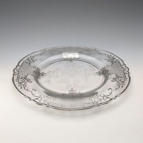 米国アンティーク シルバーオーバーレイ フローラル装飾 ガラスプレート 直径27cm