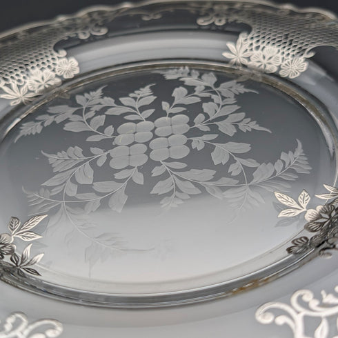 米国アンティーク シルバーオーバーレイ フローラル装飾 ガラスプレート 直径27cm