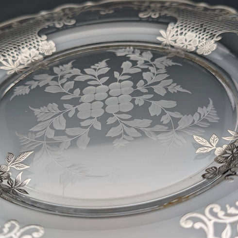 Antique American silver overlay floral decorated glass plate, 27cm diameter