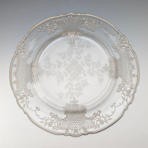 米国アンティーク シルバーオーバーレイ フローラル装飾 ガラスプレート 直径27cm