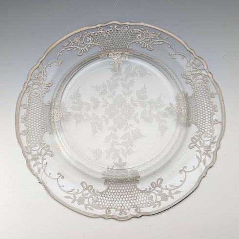 Antique American silver overlay floral decorated glass plate, 27cm diameter