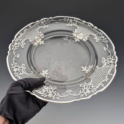 米国アンティーク シルバーオーバーレイ フローラル装飾 ガラスプレート 直径27cm