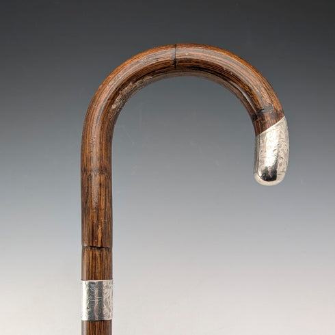 1914 年英國古董棕色桿、彎曲手柄、純銀裝飾手杖,85 厘米,J Howell & Co.