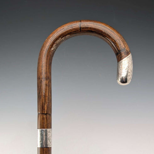 1914 British antique brown shaft, curved handle, pure silver decorated walking stick, 85cm, J Howell & Co.