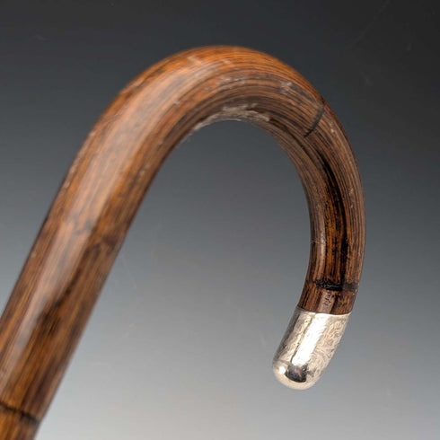 1914 British antique brown shaft, curved handle, pure silver decorated walking stick, 85cm, J Howell & Co.