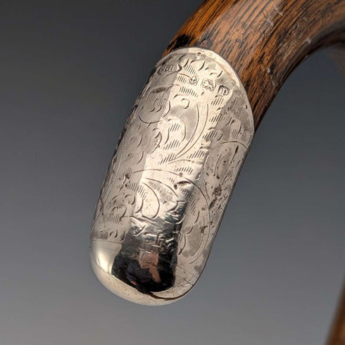 1914 British antique brown shaft, curved handle, pure silver decorated walking stick, 85cm, J Howell & Co.