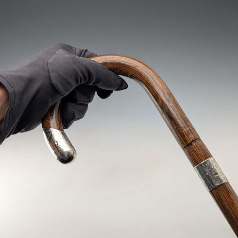 1914 British antique brown shaft, curved handle, pure silver decorated walking stick, 85cm, J Howell & Co.