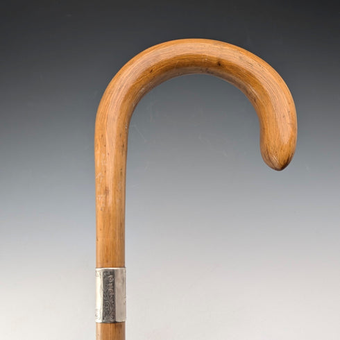 1923年 英国アンティーク タンシャフト 曲がりハンドル 純銀装飾 ステッキ 杖 91cm K&S