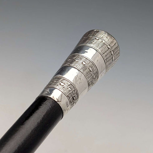 1922 British antique black shaft sterling silver rondelle handle walking stick 91cm MS