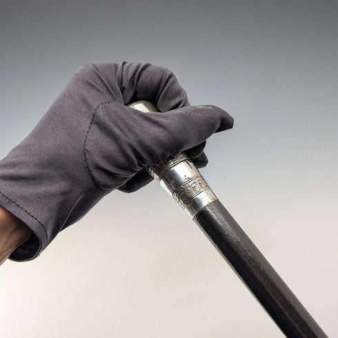 1922 British antique black shaft sterling silver rondelle handle walking stick 91cm MS