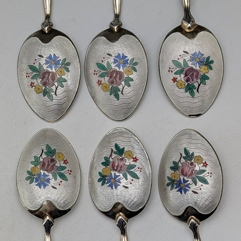 1954年 英国ヴィンテージ エナメル装飾 純銀製 コーヒースプーン6本セット 計71g Turner&Simpson ケース入