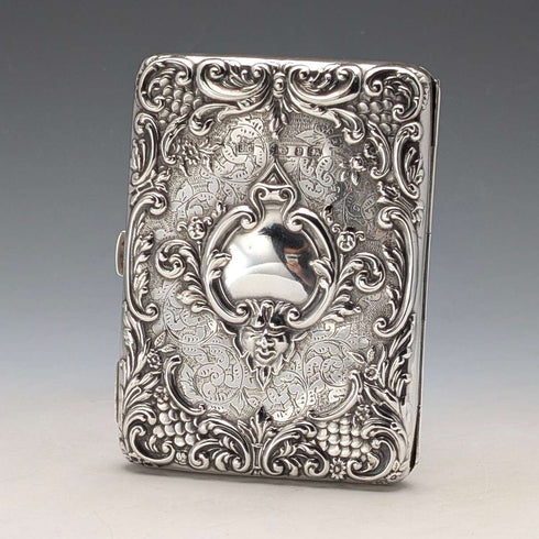 1898 British antique sterling silver double-sided extra thick card case 127g relief decoration Joseph Gloster Very good condition