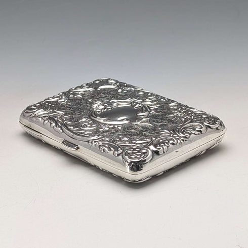 1898 British antique sterling silver double-sided extra thick card case 127g relief decoration Joseph Gloster Very good condition