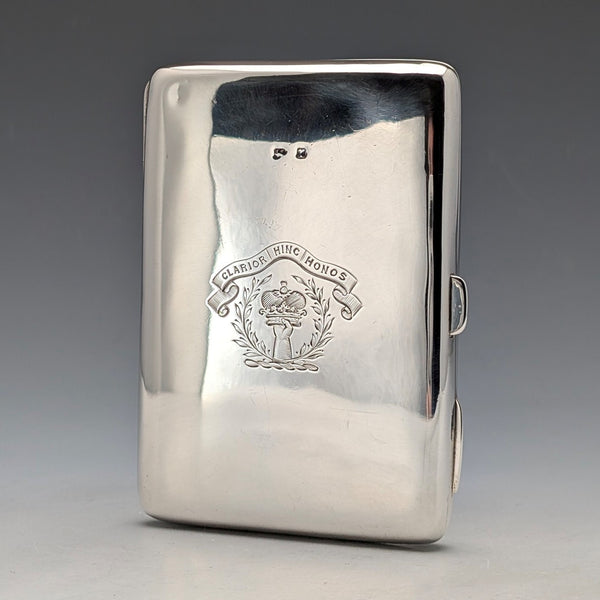 1897 British antique sterling silver double door card case, mirror finish, coat of arms engraved, 107g