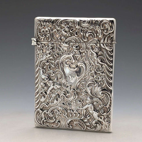1897年 英国アンティーク レリーフ天使彫刻 純銀製カードケース 79g William Comyns
