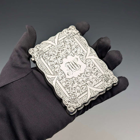 1901 British antique scroll engraved sterling silver card case 68g WILLIAM M. HAYES