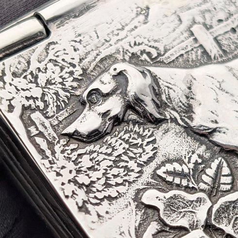 復古狩獵浮雕裝飾純銀方形盒子 69克